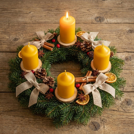 Adventkranz mit 4 Stk. Stumpenkerzen aus Bio Bienenwachs der Bio Imkerei Blamauer 