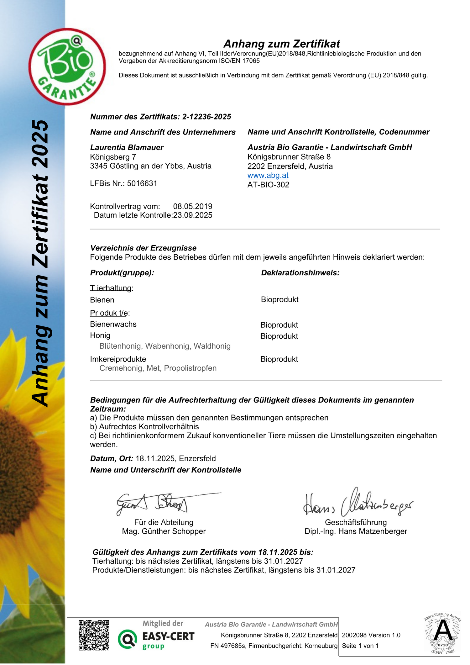 Bio Zertifikat - BioImkerei Blamauer